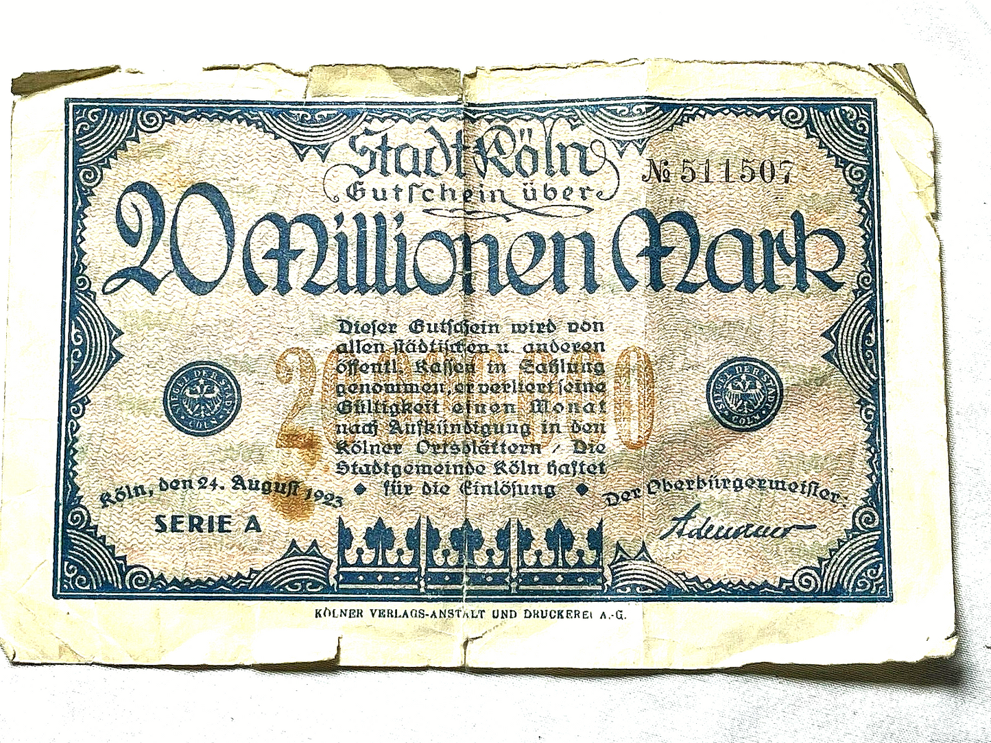 😍20 Million Mark German Pre WWII Bank-Note LOW PRICE Collector's VINTAGE Money